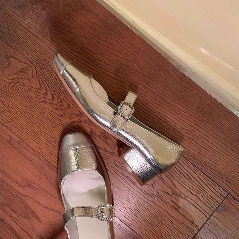 Sheepskin shoes silver Mary Jane shoes women's thick heel versatile light mouth single shoes round head rhinestone buckle French high heels
