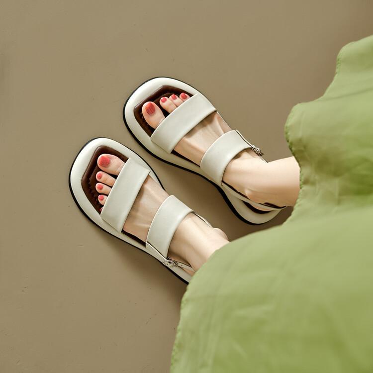 Fashion NEW Summer Women Sandals Split Leather Shoes for Women Square Toe Thick Heel Shoes Csaual Narrow Band Buckle Shoes Flat Sandals