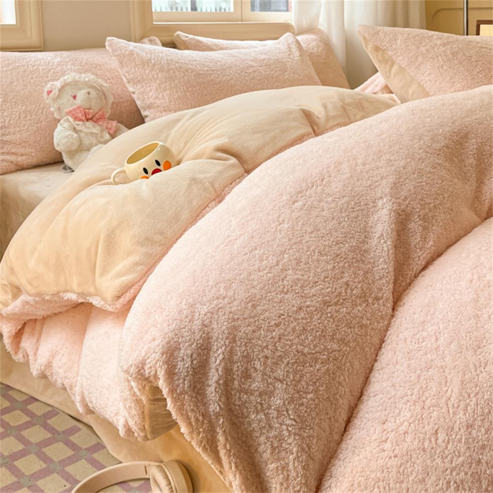 Solid Color Bedding Set Winter Thickened Warm Duvet Cover Pillowcase Four Piece Set Flannel Coral Fleece Bed Sheet Quilt Cover