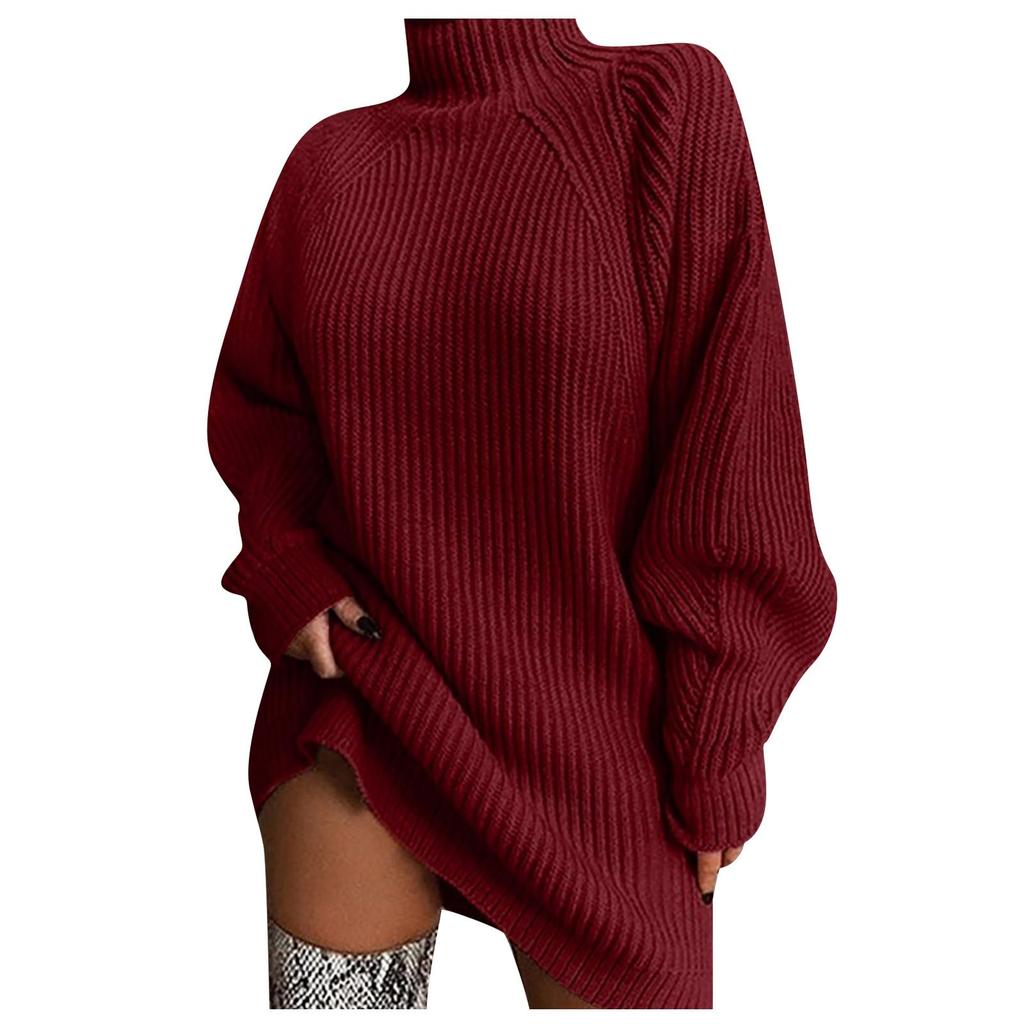 Women's Fashion Casual Knitting Solid Color Long Sleeve Turtleneck Sweater  Dress