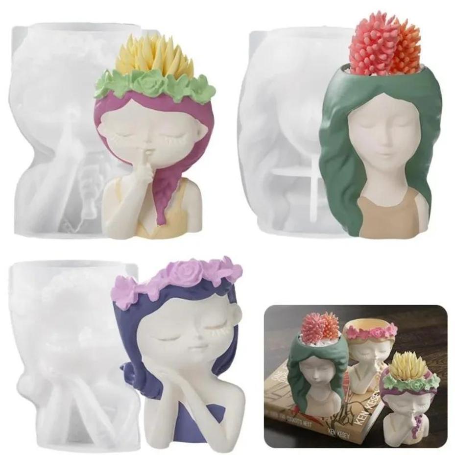 1 Pcs Silicone Mold 3D Cute Girl Flower Pot Mould DIY Handmade Crafts Plaster Candle Crystal Epoxy Resin Mold For Home Decors