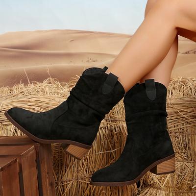 New Large Size Pointed Middle Help Thick Heel Martin Boots Versatile Western Cowboy Style Retro Suede Fashion Boots Women
