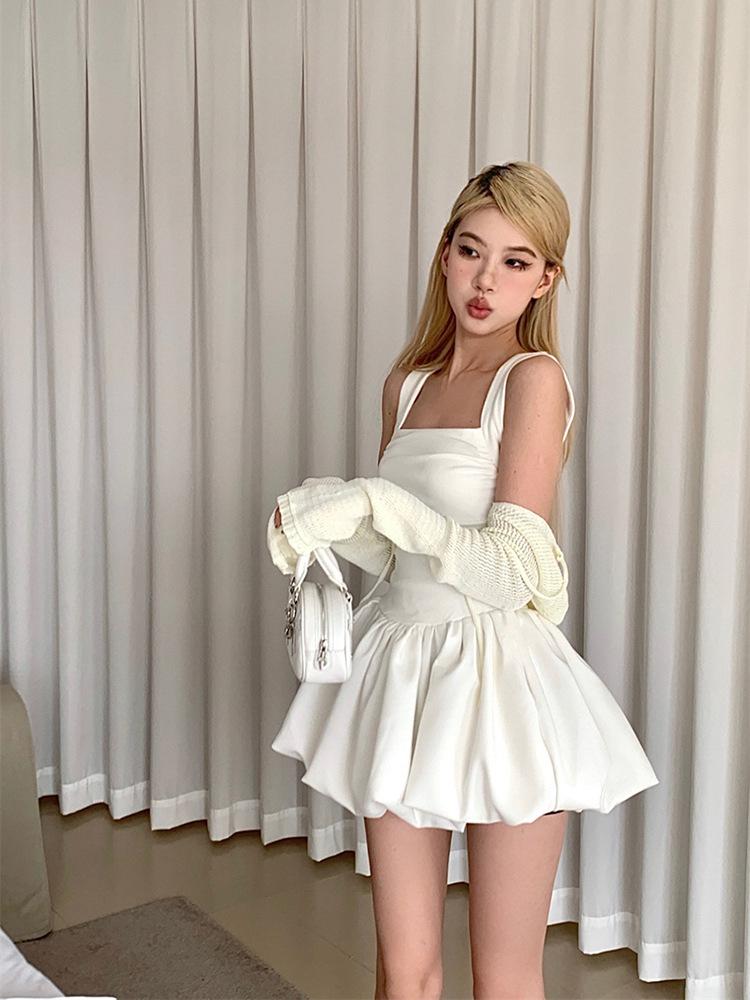 Women's White Ballet-Style Suspender Dress - Slim A-Line Fluffy Short Skirt for Summer
