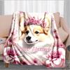 1PC Custom Name Floral Corgi flannel blanket versatile, all-season throw suitable for the living room, bedroom, camping, travel, and gift