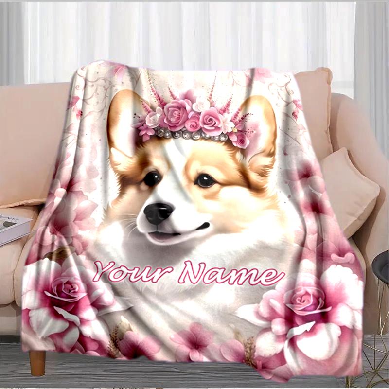 1PC Custom Name Floral Corgi flannel blanket versatile, all-season throw suitable for the living room, bedroom, camping, travel, and gift