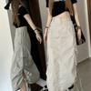 Women's Summer American Vintage Utility Skirt - Drawstring Casual A-Line Midi Skirt with Design-Forward Slit for Students