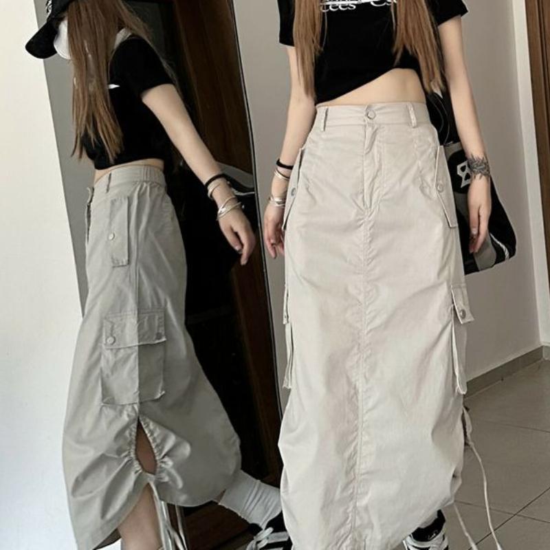 Women's Summer American Vintage Utility Skirt - Drawstring Casual A-Line Midi Skirt with Design-Forward Slit for Students