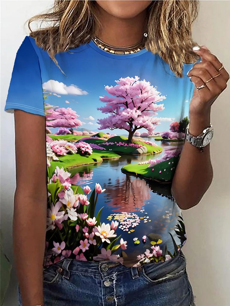 Léto Krásná Krajina Trička s 3D tiskem Ženy Streetwear Neformální Móda Y2k Tričko s krátkým rukávem Tričko s výstřihem do O Trička Topy Oblečení