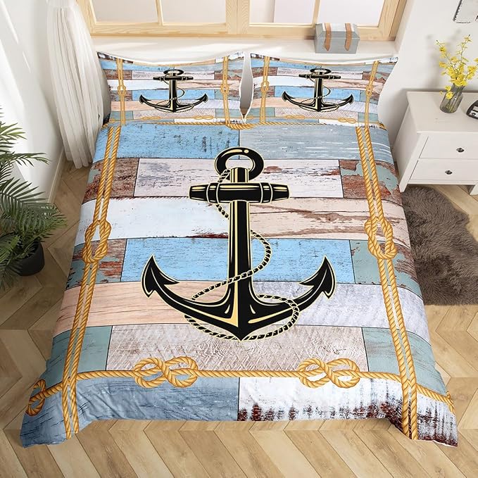 Nautical Anchor Duvet Cover,Geometric Stripes Anchor Bedding Set Twin For Boys Girls Room Decor,Ocean Adventure Comforter Cover