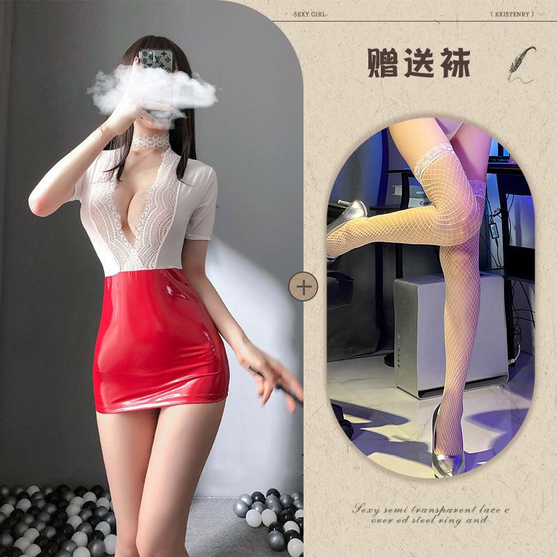 New Sexy Underwear Sexy Women OL Office Temptation Burst Tits Hip-wrapped Secretary Patent Leather