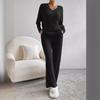 Women's V Neck Ribbed Knit Two Piece Set Long Sleeve Top Elastic Waist Wide Leg Pants
