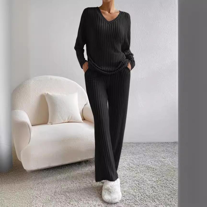 Women's V Neck Ribbed Knit Two Piece Set Long Sleeve Top Elastic Waist Wide Leg Pants