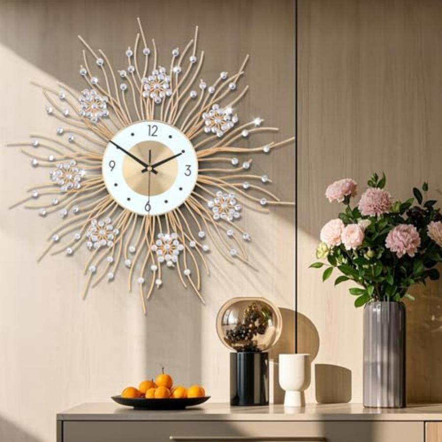 Large Silent Sunflower Shape Wall Clock Iron Metal Modern Non-Ticking Round Dial 27.5 Inch Chic Decorative Clock for Living Roo