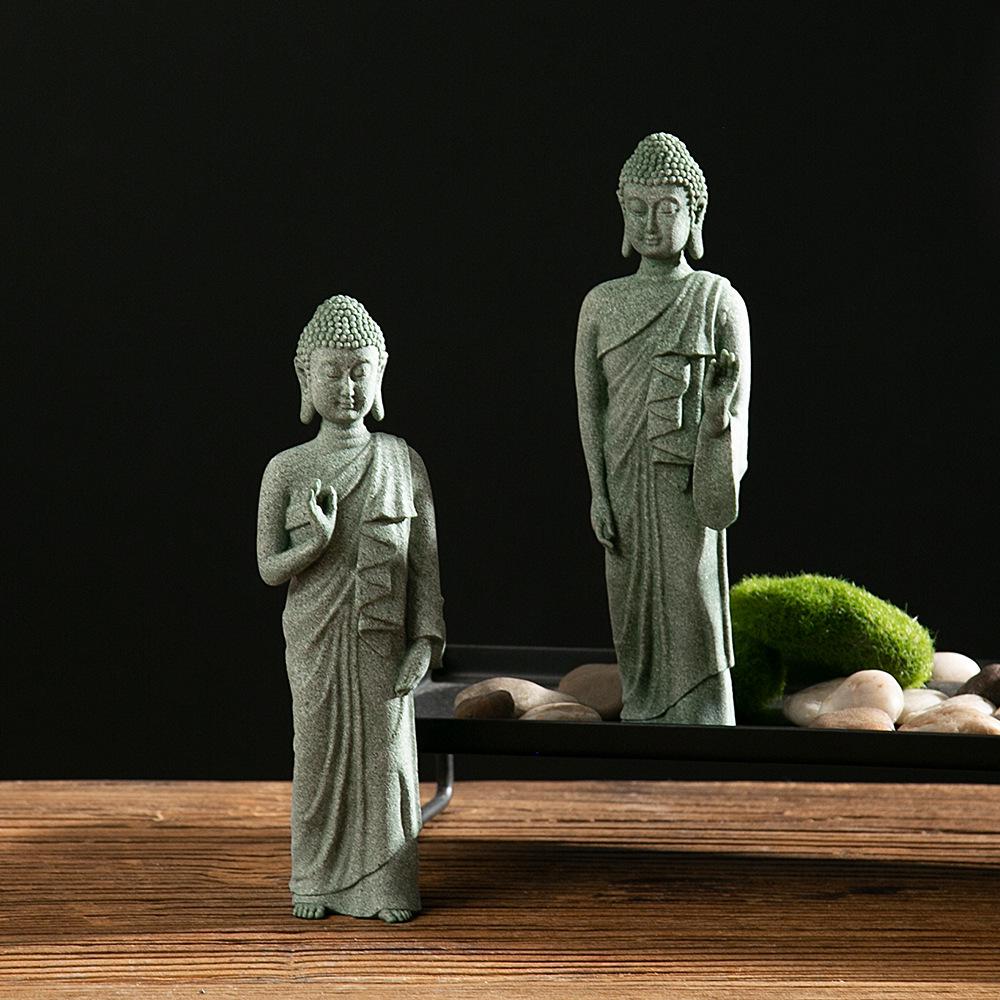 Antique Green Sandstone Buddha Statue: Zen Craftwork Water Feature for Home Decoration & Chinese Tea Pet Ornament.