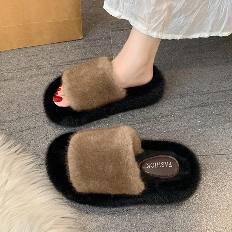 Women Fur Slippers Flats Platform Shoes Short Plush Casual Open Toe Flip Flops 2025 Winter New Slingback Slides Zapatos