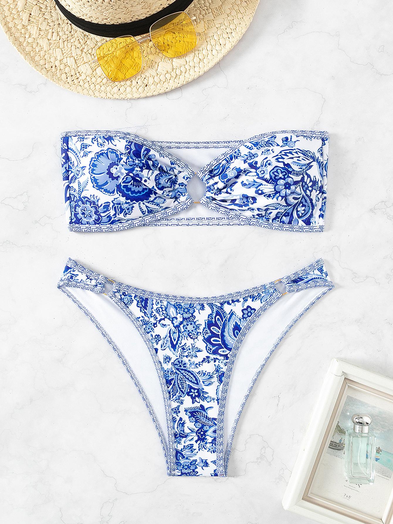 Women’s Printed Bandeau Bathing Suit Sexy High Cut Bikini Swimsuit, Two-Piece Swimwear XS