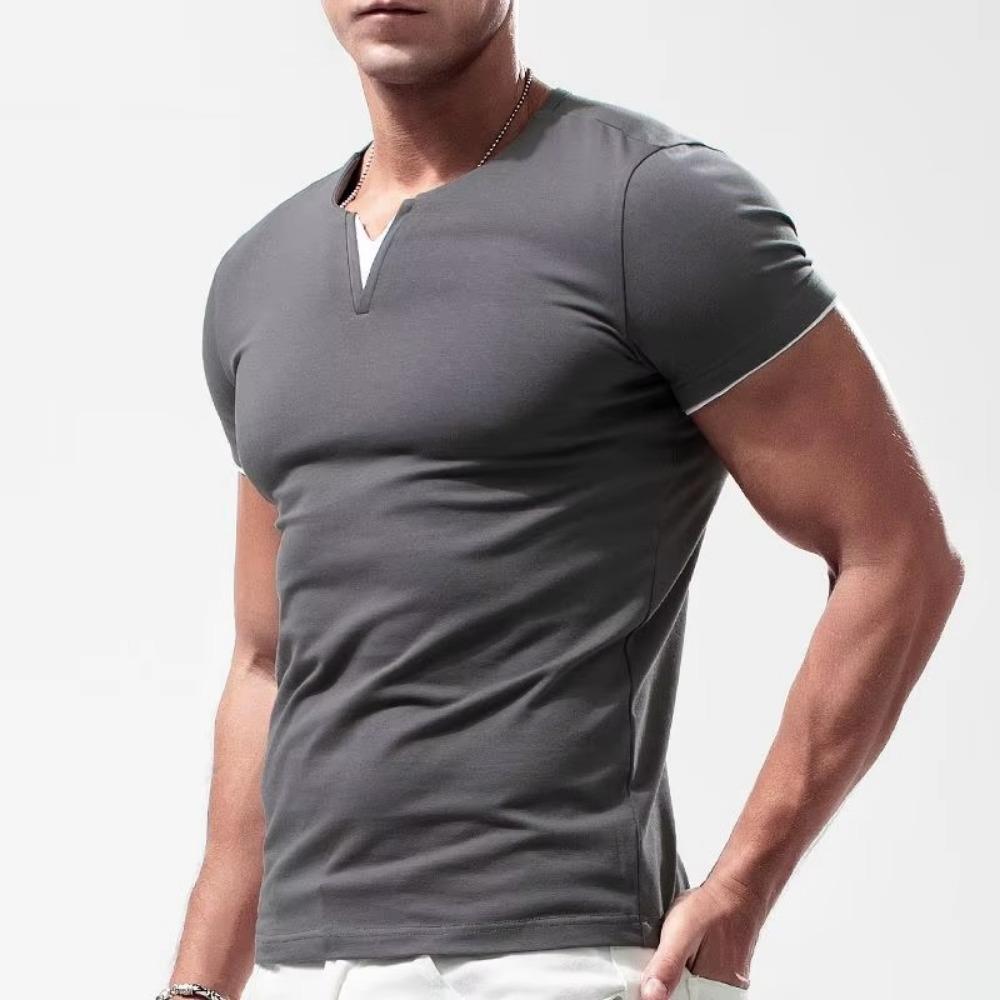 Men's Summer Casual Slim V-neck Cotton Short Sleeve T-Shirt Hundred Hawaii Men's Clothing Tops