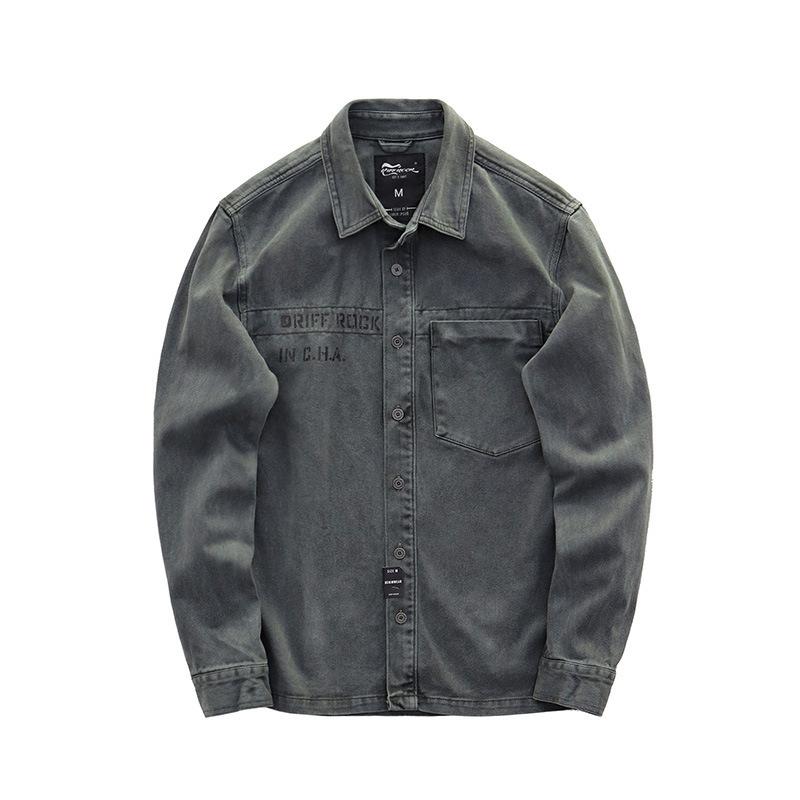 Men s Retro Washed Denim Shirt Retro Workwear Style Letter Printed Long Sleeved Button Up Shirt L