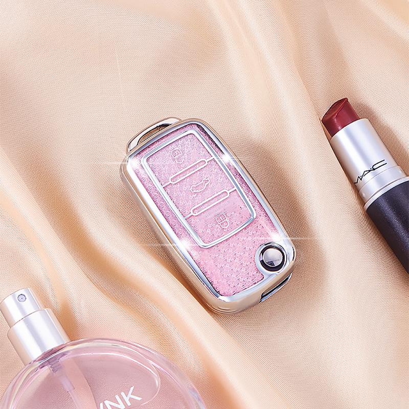 Pink TPU 3 Button Car Remote Flip Key Case Holder for Volkswagen Golf MK6 Polo Beetle Tiguan Touran Passat Caddy Jetta Eos Skoda