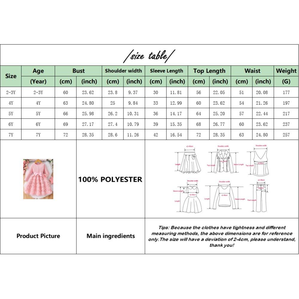 2-7Y Long-Sleeved Dress Girls Solid-Color Rose Print Dress Girls Fall/Winter Base Layer Skirt