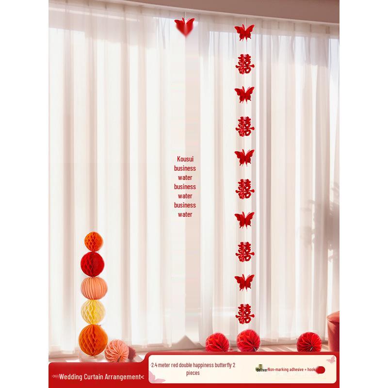 Wedding Room Decor Set: Double Happiness Curtains, Bay Window Trim, Bedroom Bows