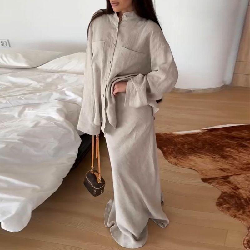 

European and American Women clothes 2025 Summer New Solid Loose Long sleeve Shirts High Waist Skirt Fashion Set Khaki XXL