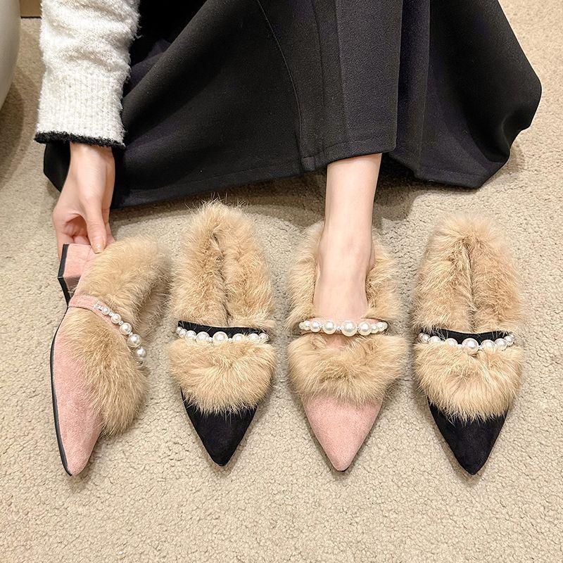 Women's Chunky Heel Suede Pointed Toe Low-Cut Furry Cotton Shoes for Autumn/Winter