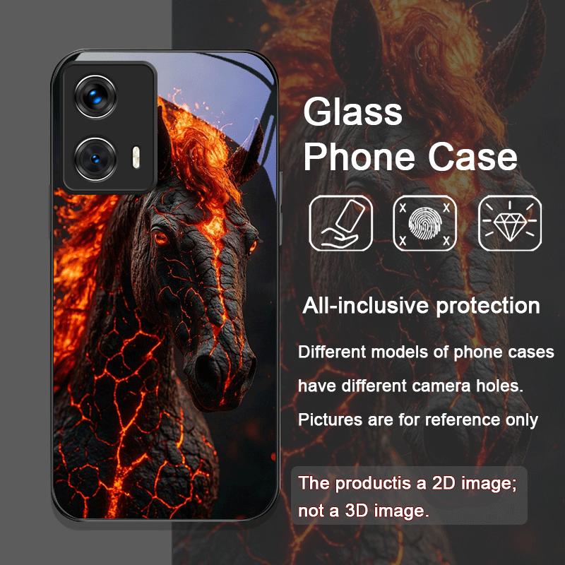 Creative Flame Black Horse Pattern Tempered Glass Phone Case for Motorola Moto G85 G84 G75 Edge 50 Fusion 40 Neo 30 Pro 5G Cover