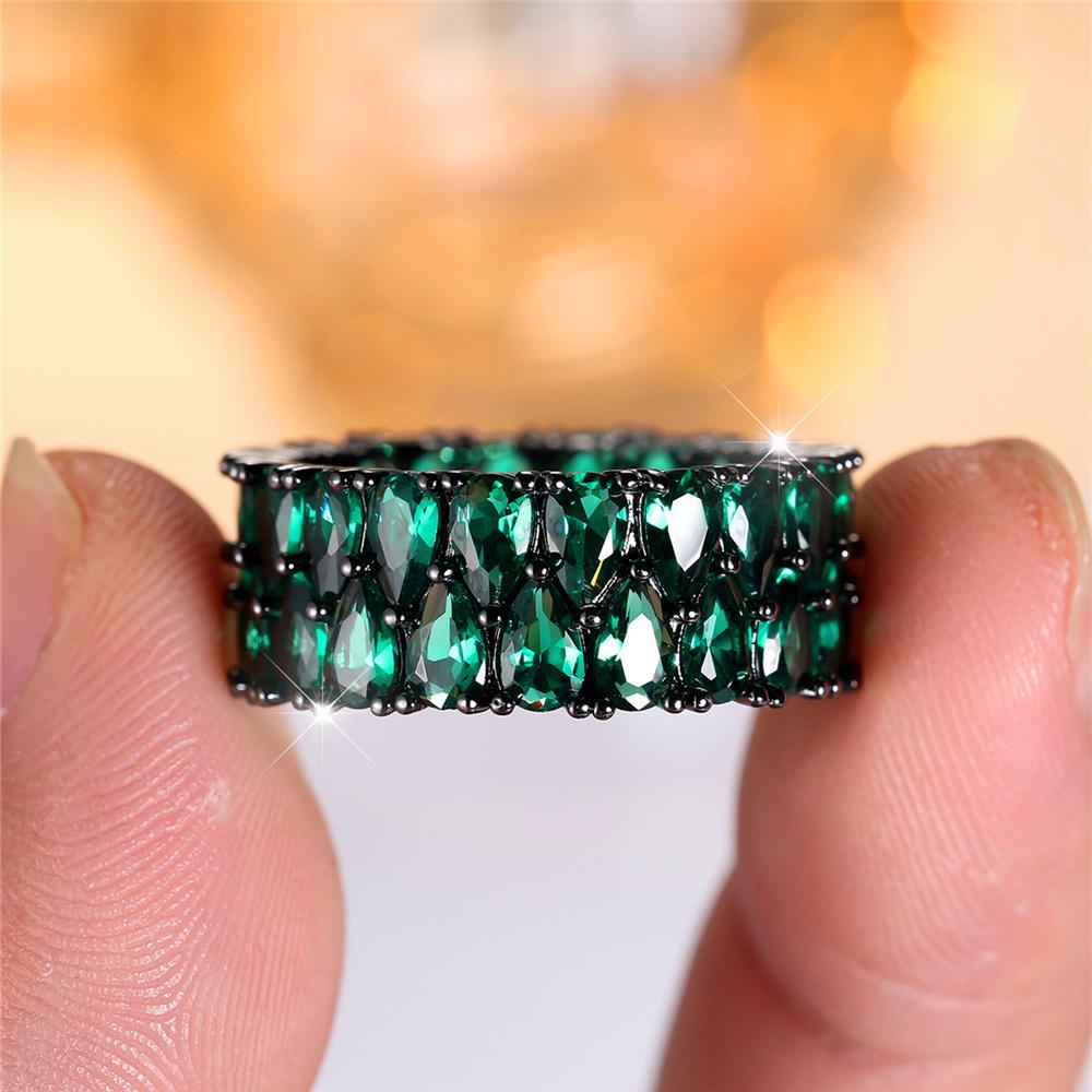 Luxury Cute Female Green Zircon Stone Ring Vintage Fashion Black Gold Color Wedding Jewelry For Women