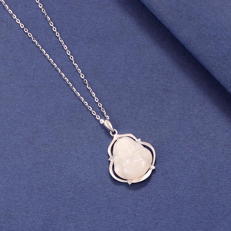 S925 Sterling Silver Hetian Jade Maitreya Buddha Pendant Necklace - Women's Ancient Chinese Style Clavicle Chain Gift