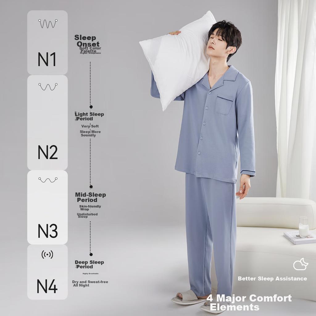 MIIOW [Tencel Lyocell] Men's Pajamas, Spring And Autumn All-Season Air Conditioning Wear, Anti-Mite Antibacterial Comfortable Sleep Loungewear