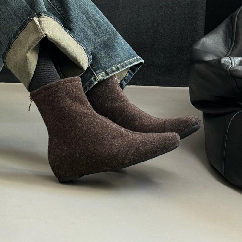 Korean simple woolen inner height-increasing short boots for women's 2025 autumn and winter new versatile and thin zipper thin boots
