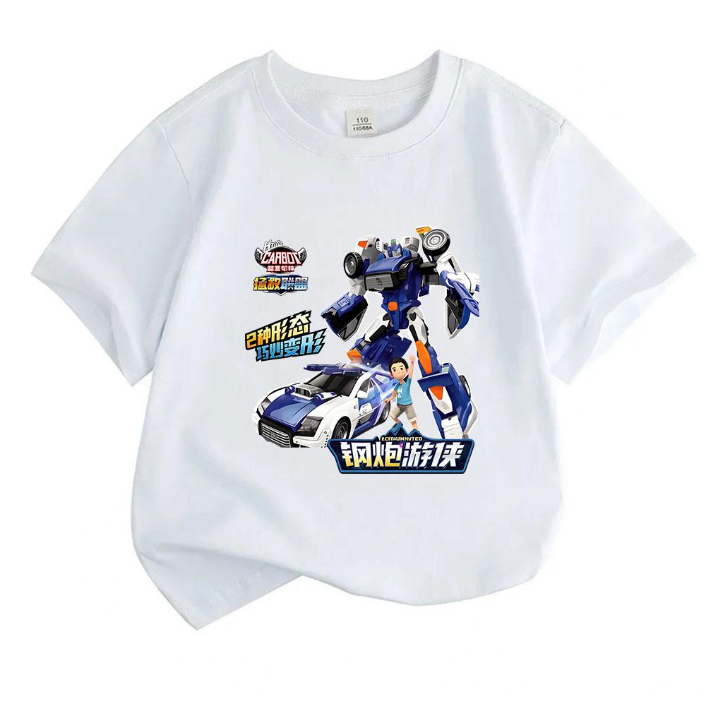 Kids 100% Cotton Crew Neck Short Sleeve T-Shirt, Cool Transformable Mecha Racing Car Anime Pattern Casual Tee for Boys Girls, Soft Breathable Everyday