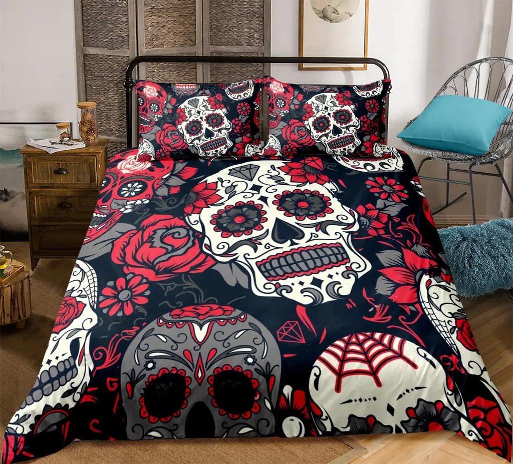 Sugar Skull Bedding Comforter Cover Set Gothic Duvet Cover Twin/Full/Queen/King Set 3 Pieces Soft Microfiber Duvet Cover
