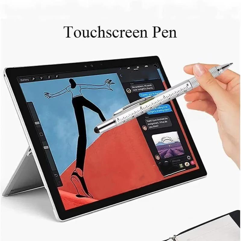 6 In 1 Multifunctional Metal Ballpoint Pen with Stylus Ruler Level Screwdriver for Woodworking Repair Jobs