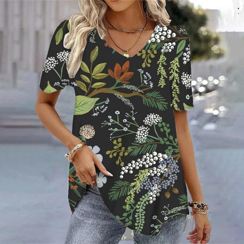 T-shirts V-neck Women's Floral Printed Summer Casual Short Sleeve Tee Shirts Harajuku Versatile Blouse Tops For Female Clothing
