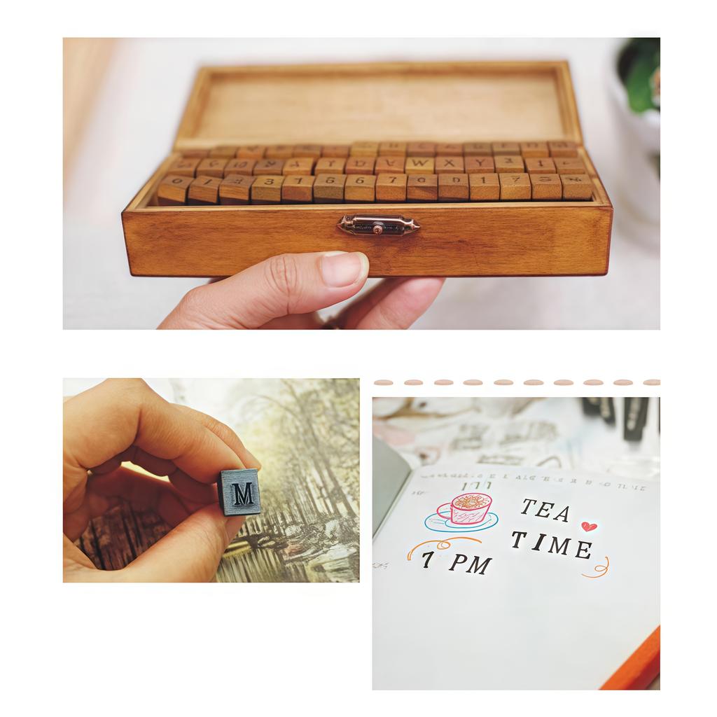 70 Pieces Creative Stationery Vintage Alphabet English Number Wooden Box DIY Hand Journal Decoration Stamp;