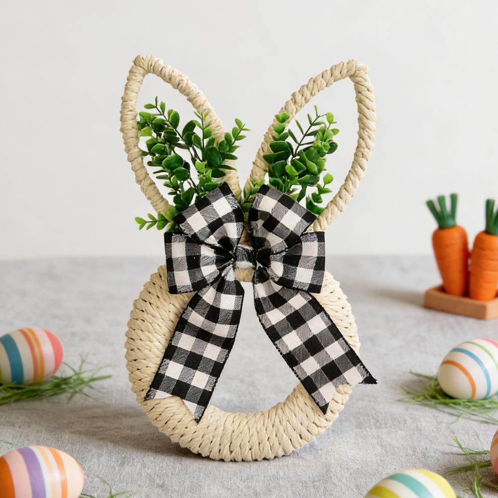 Spring Floral Wreath Easter Bunny Wreath with Hemp Rope Bow Spring Rabbit Door Hanging Sign Farmhouse Front Porch Wall Window