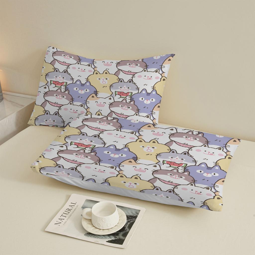 3pcs Fitted Sheet Set Cute Cat Faces Pattern Print Wrinkle Resistant Bed Sheet With Pillowcases For Bedroom Decor
