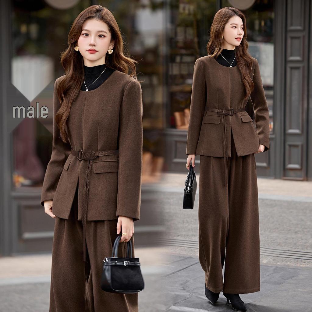 Women's Wool Suit Set: 2026 Spring Collection - Fashionable Temperament Casual Jacket & Wide-Leg Pants with Belt