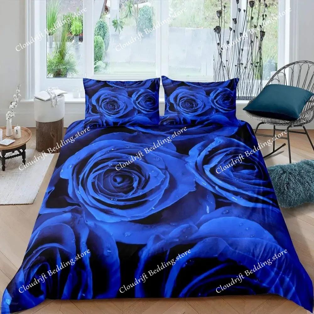 Juego de ropa de cama con diseño floral de rosas azules para niños y niñas, tamaño queen, funda nórdica y funda de almohada, moda para niños y adultos, textiles para el hogar