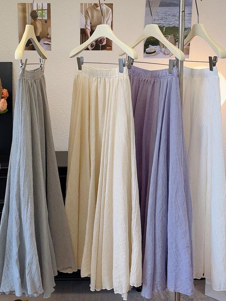 Spring New Gentle Style Ice Silk Cotton Linen A-line Pleated Long Skirt - Women’s High Waist Slimming Drape with Large Hem.