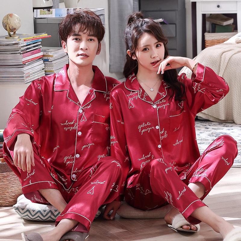 Women's and Men's Long Sleeve Silk-Style Pajama Set - Perfect for Couples