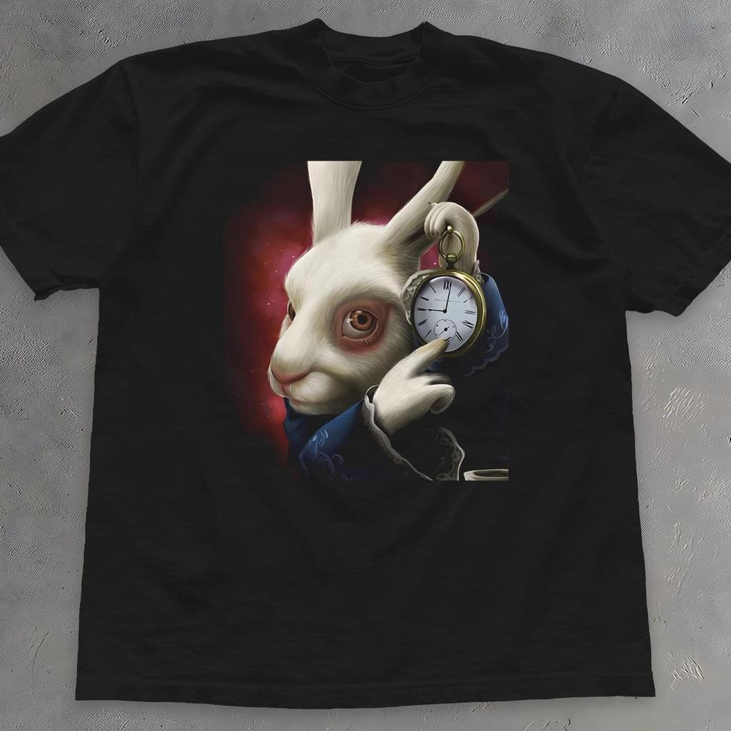 Maglietta con Coniglio Bianco che Indica l'Orologio - Maglietta Meme Virale di TikTok - Divertente T-Shirt Unisex