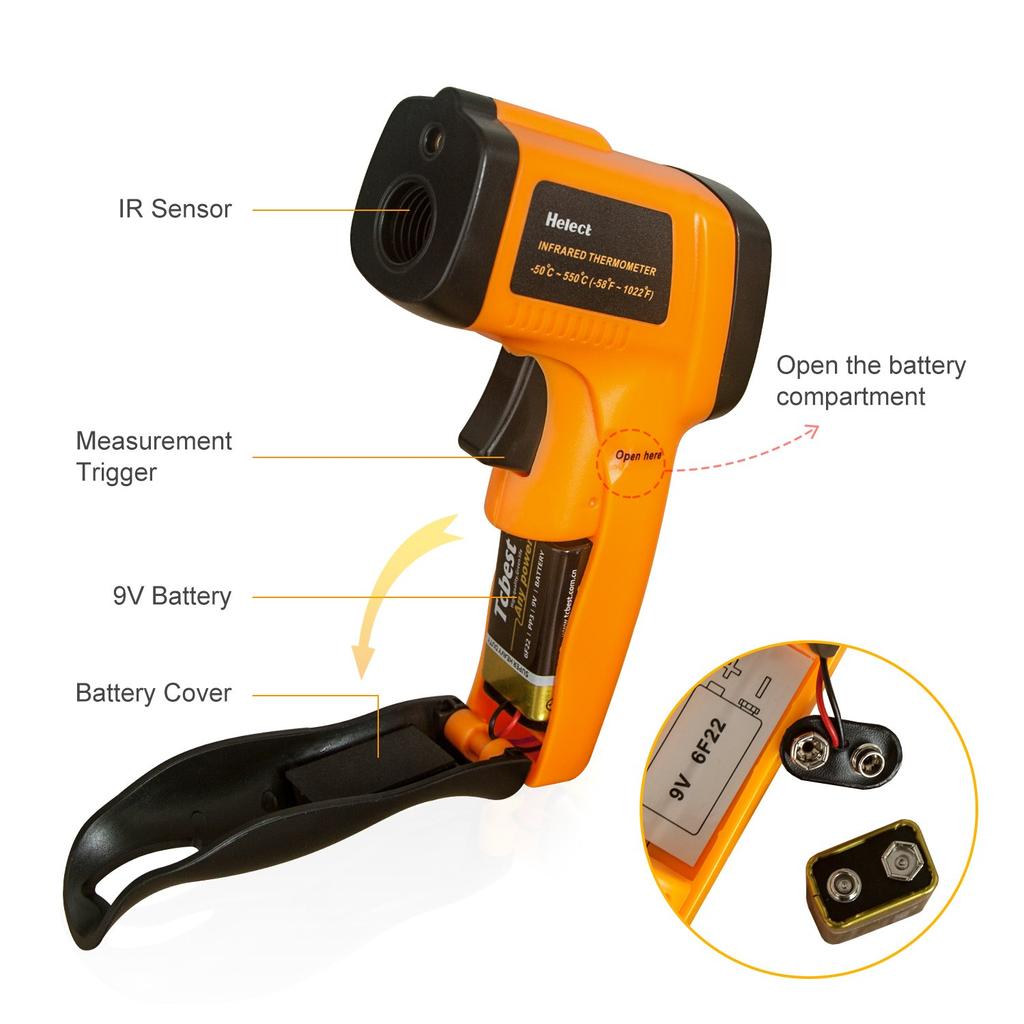 Digital Laser Infrared Thermometer, Pyrometer (-50 °C To 550 °C) with LCD Lighting