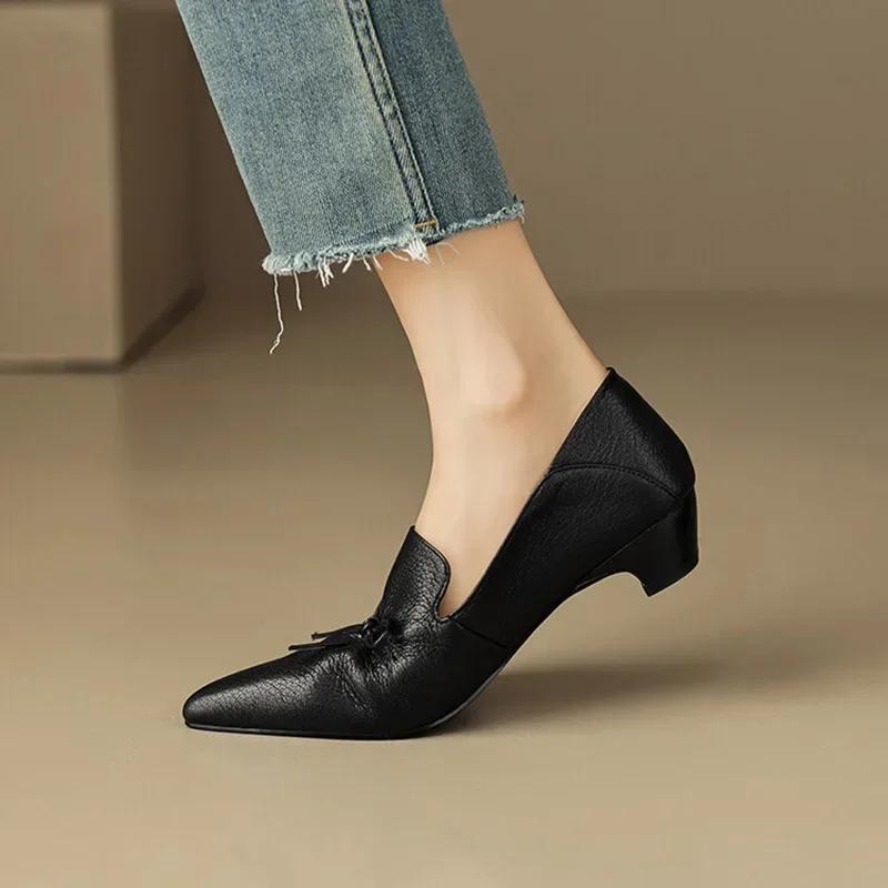 Office Lady Elegant Black Shoes Women's Pointed Toe Mid Heels 2026 New Genuine Leather Retro Pumps