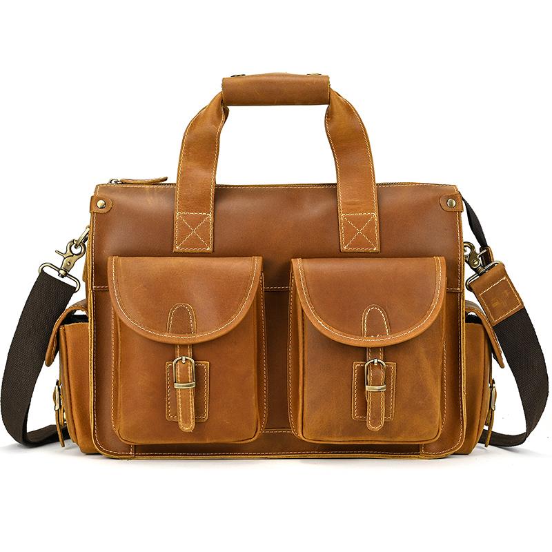 Men Bag top grade Men's Genuine Leather Briefcase Handbags Crazy Horse Leather Hand bag Thick Real Leather Shoulder Bag