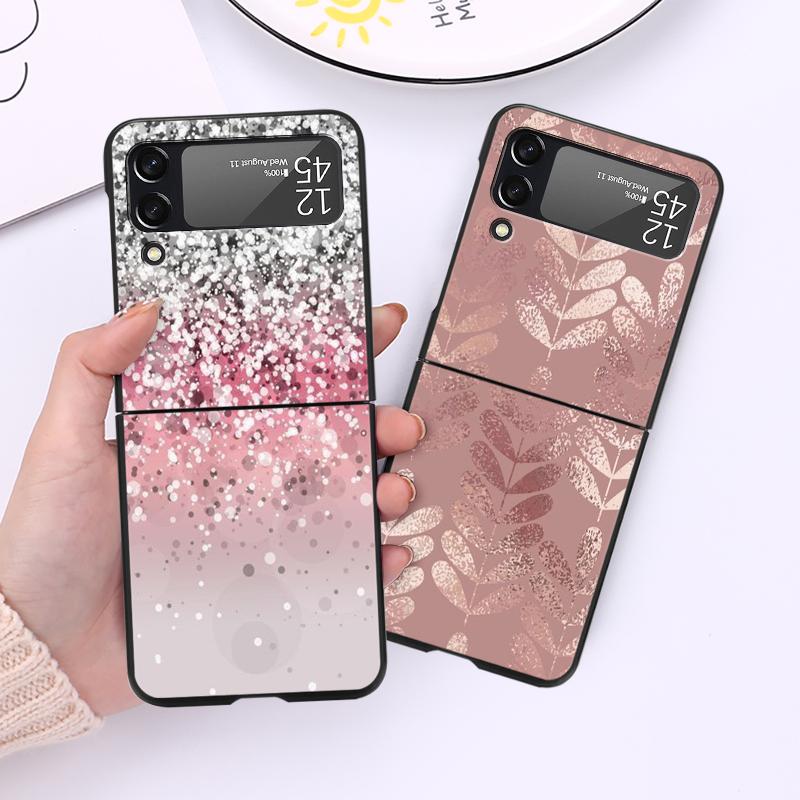 Hülle Funda für Samsung Galaxy Z Flip 4 Z Flip 3 5g Zflip Zflip3 Flip4 Hart-PC Gold Rosa Rose Glitzer Herzen Fundas Hart-PC