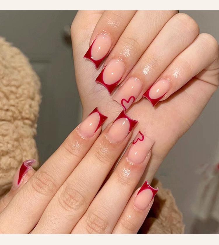 

Burgundy French Heart Oval Fake Nails - Luxurious European & American Style Nail Art Pieces