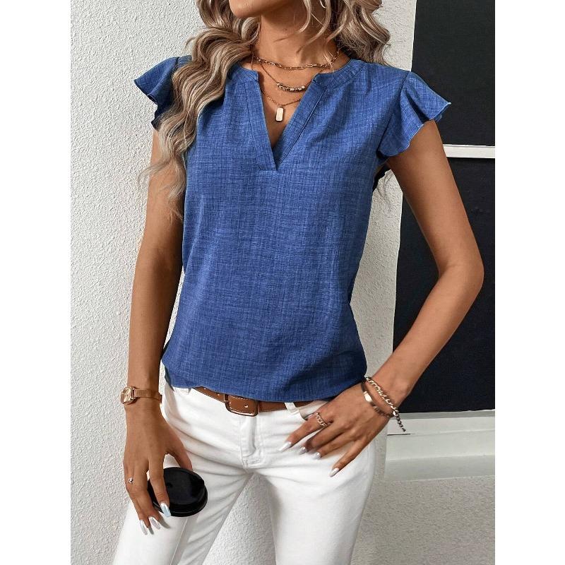 YYFS Blusas y camisas con cuello en V de manga corta con estampado de Color sólido informal de moda para mujer